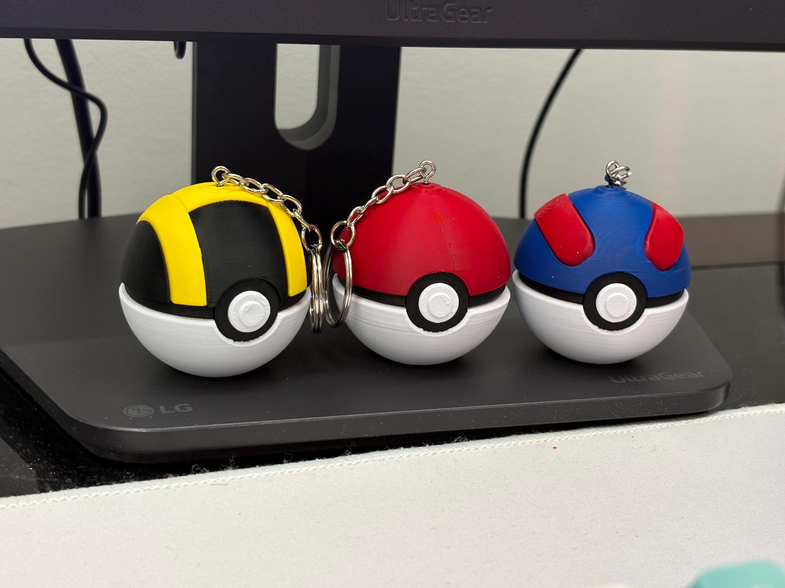 Handmade Pokeball Keychains 3 PACK | Mini Pokémon Balls | 3D Printed Pokeballs | •Great Ball, Ultra Ball & Poké Ball Set | Pokémon Gift