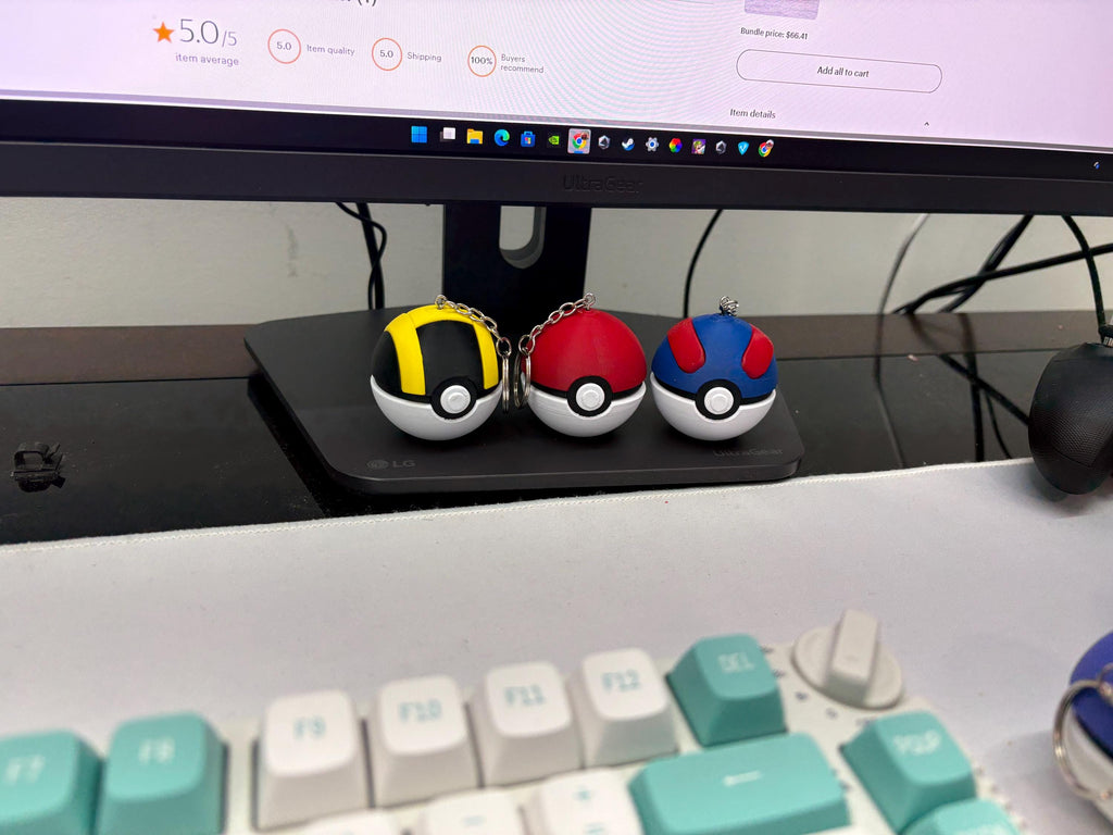 Handmade Pokeball Keychains 3 PACK | Mini Pokémon Balls | 3D Printed Pokeballs | •Great Ball, Ultra Ball & Poké Ball Set | Pokémon Gift