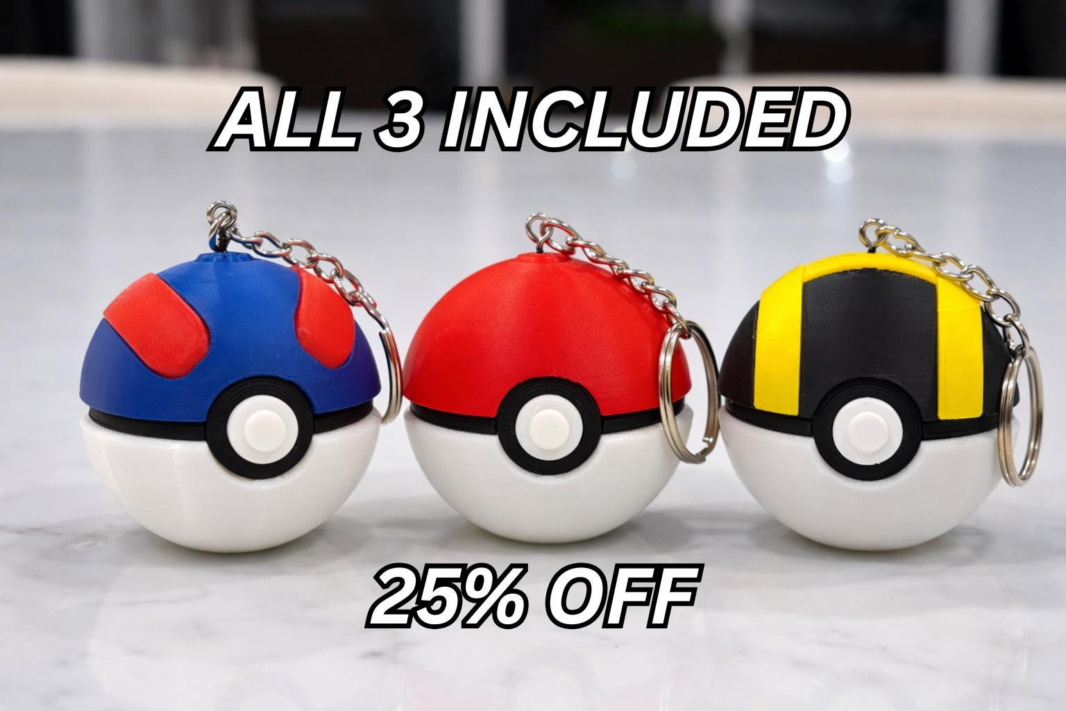 Handmade Pokeball Keychains 3 PACK | Mini Pokémon Balls | 3D Printed Pokeballs | •Great Ball, Ultra Ball & Poké Ball Set | Pokémon Gift