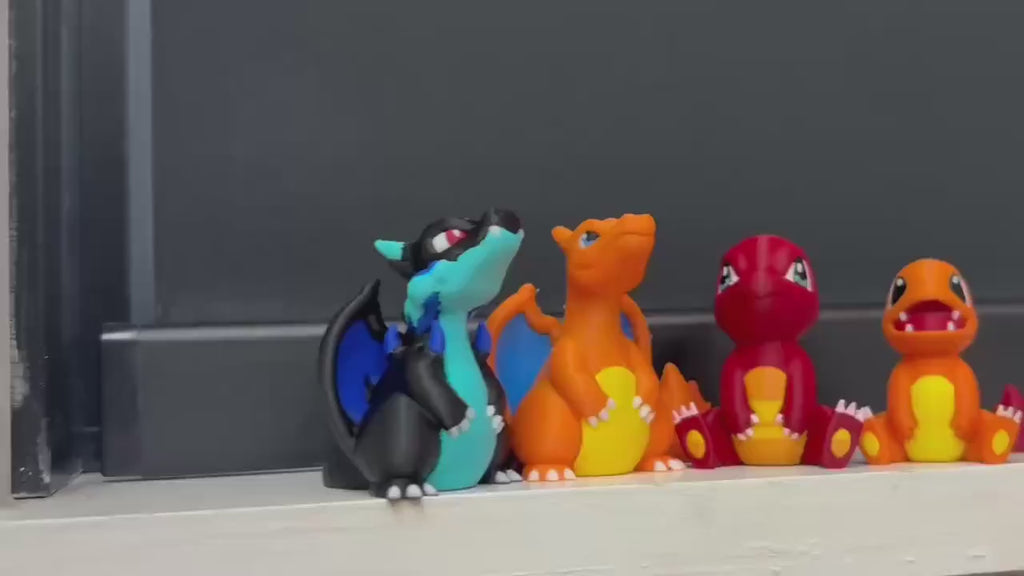 Pocket Monster Evolution Set - 3D Printed Fire Lizard Figures - Mini Anime Collectible Statues - 4 Set
